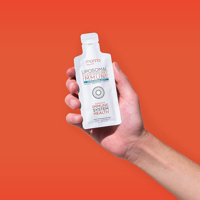 Manna Liposomal Elderberry Immune Packets – Vitamins C, D, Zinc, Echinacea & Ginger - Daily Immune Support for Adults & Kids - Sugar Free, Real Elderberry Extract & Syrup, Travel-Friendly, 15 Pack