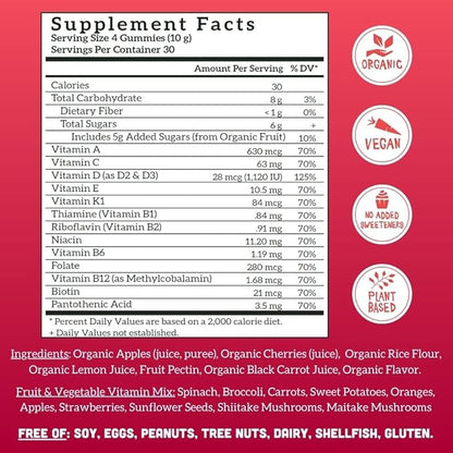Llama Naturals Multivitamin for Women and Men, Vegan, Organic Gummies with Vitamin D, C and K, Adults Real Fruit Gummy Vitamins, Chewable Multivitamin Supplement, No Added Sugar Cane, Cherry, 120 Ct