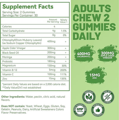 Chlorophyll Gummies for Body Odor Deodorant* 2 Pack, Sugar Free Chewable Chlorophyll for Immune Support Women Vegan Non-GMO, 120 Count (Lemon)