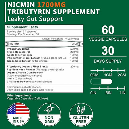 Tributyrin Supplement - Premium Butyrate Gut Health Supplement for Leaky Gut 60 Capsules