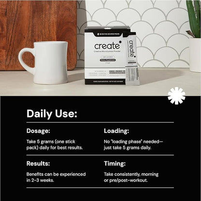 Create Single Serve Creatine Monohydrate Powder – 5g Creapure Creatine | Redefining Strength, Energy & Recovery | Sugar-Free, Vegan, Non-GMO | Unflavored, Lightly Sweetened, 0 Calories | 30 Packets