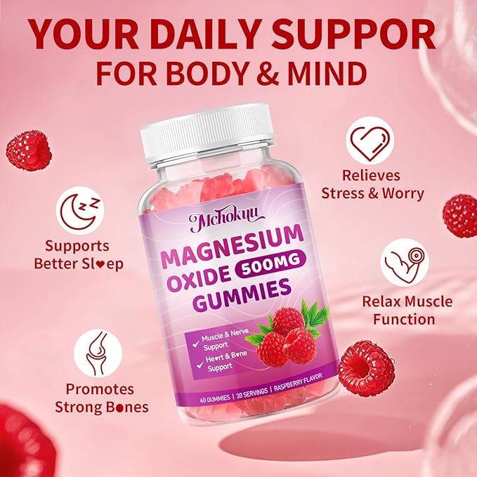 Magnesium Oxide Gummies 500mg, Sugar Free Chewable Magnesium Oxide Supplement for Adults & Kids, Nerve Support & Energy Boost, Non-GMO, Raspberry Flavor, 120 Count