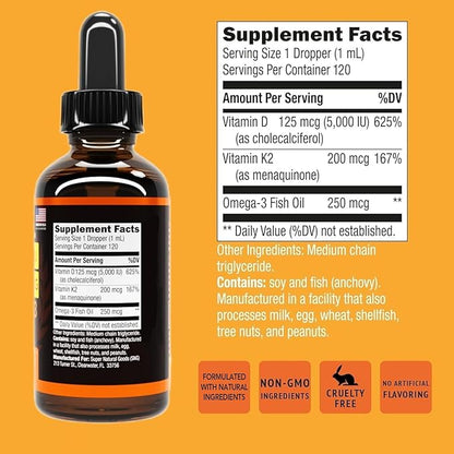 Vitamin D3 K2 Liquid Drops 5000 IU (4oz) Maximum Strength Vitamin D, K, MCT Oil & Omega 3 Bone, Heart, Joint, Muscle Support Supplement. Fast Absorption Formula. 4 in 1 Complex Formula Non-GMO