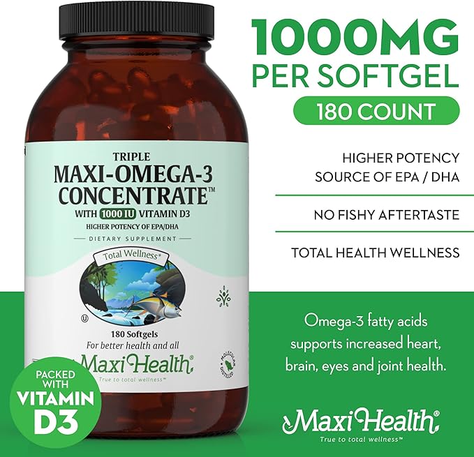 Maxi Health Triple Omega-3 Concentrate - Fish Oil - "1000 IU" Vitamin D3 (190 Capsules)