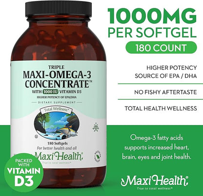 Maxi Health Triple Omega-3 Concentrate - Fish Oil - "1000 IU" Vitamin D3 (190 Capsules)