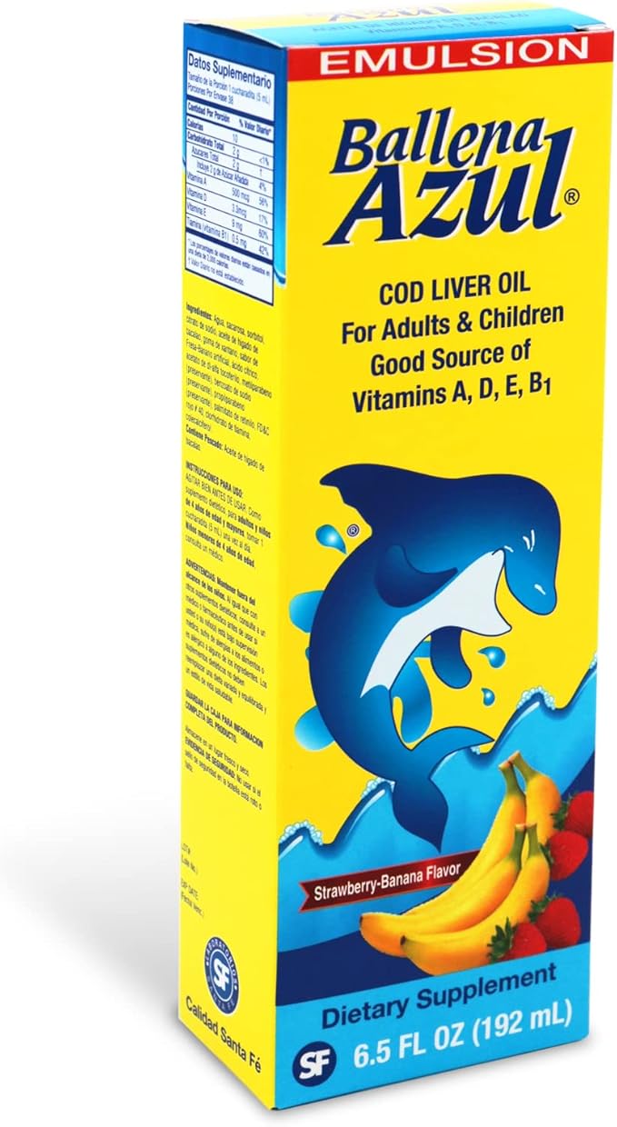 Ballena Azul Aceite de Hígado de Bacalao para Adultos y Niños, COD Liver Oil for Adults and Children, Source of Vitamins A,D,E, B1, Dietary Supplement, Omega 3,Inmune System Boost(Strawberry Banana)
