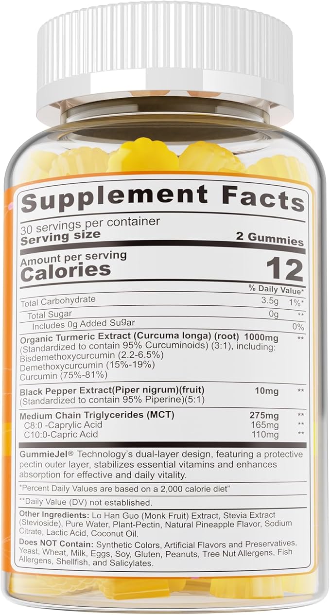 Sugar Free Turmeric Gummies 1000mg w/MCT Oil C8 C10, Organic Antioxidant, Turmeric Curcumin Supplement with Black Pepper Extract Improve Digestion & Comfort, Boost Energy, Ultra Absorption, 60 Count