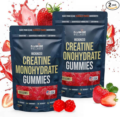 Creatine Monohydrate Gummies 5000 mg, Strawberry Flavor, 120 Sugar-Free Vegan Chews, Creatine Supplement for Daily Routine, Pack of 2