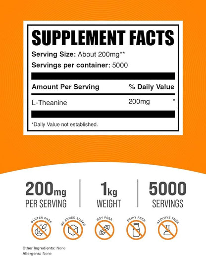 BulkSupplements.com L-Theanine Powder - L-Theanine Supplement, L-Theanine 200mg - Amino Amino Supplement, Pure & Gluten Free, 200mg per Serving, 1kg (2.2 lbs) (Pack of 1)