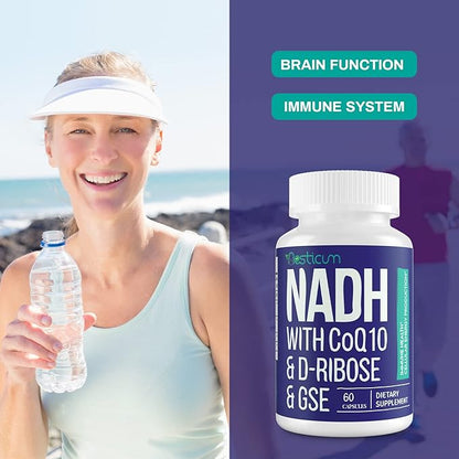NADH 50mg + CoQ10 200mg + D-Ribose 150mg Supplement, Boosting NAD+ Supplements for Immune System, Cellular Energy, Focus, Reduced Nicotinamide Adenine Dinucleotide, 120 Veggie Capsules