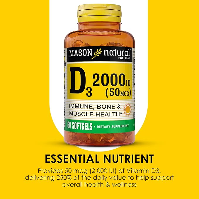 MASON NATURAL Vitamin D3 2,000 IU Ultra Strength, Supports Bone Density, Strength & Immune Health, 60 Softgels