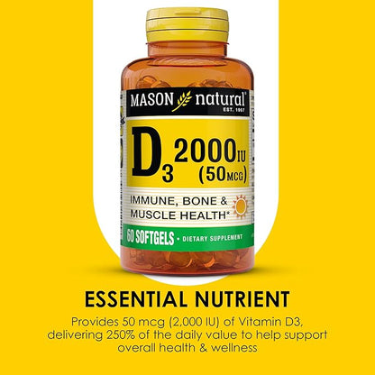 MASON NATURAL Vitamin D3 2,000 IU Ultra Strength, Supports Bone Density, Strength & Immune Health, 60 Softgels