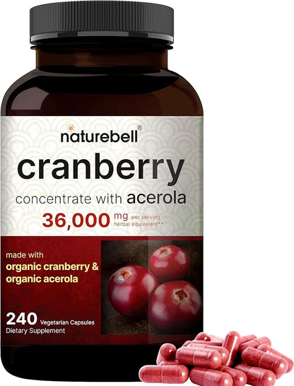 Naturebell Cranberry Pills 36,000mg with Acerola, 240 Veggie Capsules | 100:1 Fresh Cranberries Extract – Organic Ingredients – Supports Urinary Tract Health – Sugar-Free