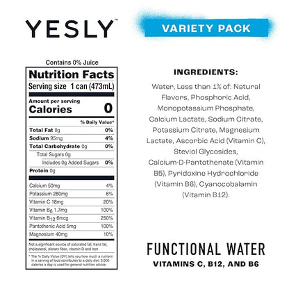Yesly Functional Water, Variety Pack, Naturally Flavored Still Water with Electrolytes, Magnesium, Potassium, Vitamin C, B6 & B12, Zero Sugar, No Artificial Sweeteners, 16 Fl Oz Cans, 12 Pack