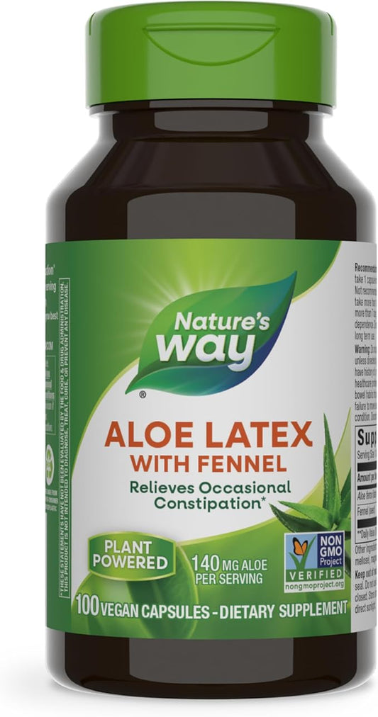 Nature's Way Aloe Latex with Fennel, For Occasional Constipation*, Non-GMO Project Verified, Gluten free, 100 Vegan Capsules (Packaging May Vary)
