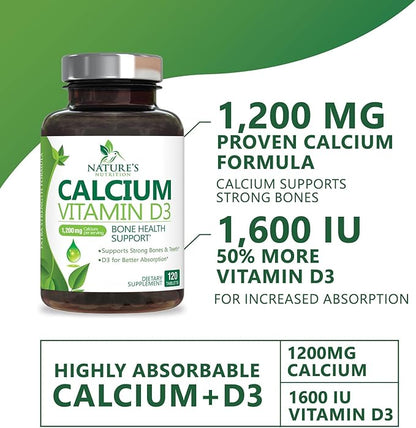 Calcium Supplement with Vitamin D - 1200 mg Calcium Carbonate with 1600 IU of D3 Vitamins - Supports Bone Strength, Teeth & Immune System - Natural & Easily Absorbable for Women & Men - 120 Tablets