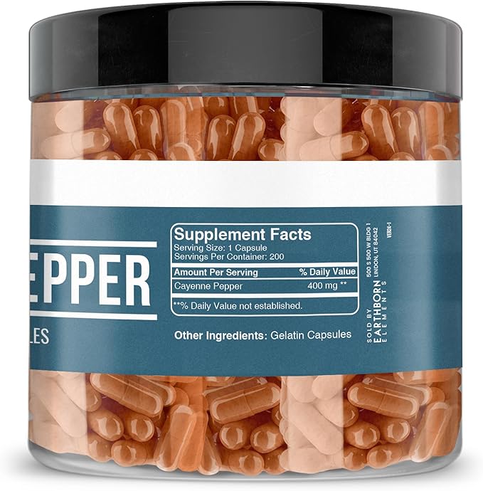 Earthborn Elements Cayenne Pepper 200 Capsules, Pure & Undiluted, No Additives