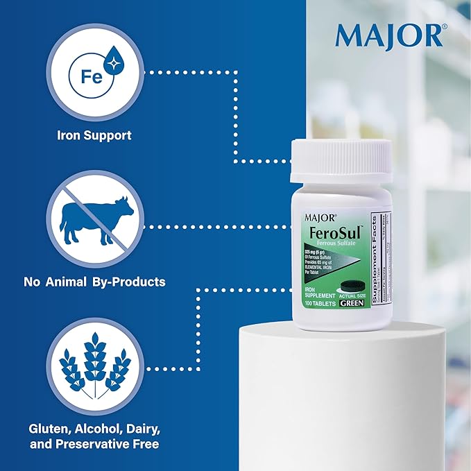 Major Ferosul - Ferrous Sulfate 325mg Tablets with 65mg of Elemental Iron - Iron Supplement for Women, Men - Green - 100 Tablets (3 Pack)