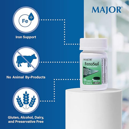 Major Ferosul - Ferrous Sulfate 325mg Tablets with 65mg of Elemental Iron - Iron Supplement for Women, Men - Green - 100 Tablets (3 Pack)