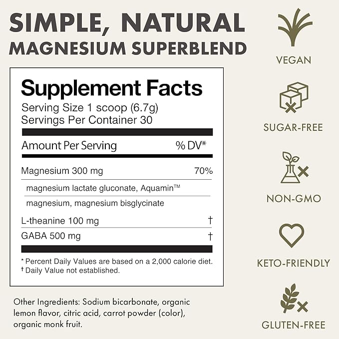 Mellö Magnesium Supplement Superblend Powder - Magnesium Glycinate with L-Theanine, GABA, and 70 Trace Minerals - Supports Sleep, Relaxation, Balanced Energy - Lemon Flavor, 30 Servings