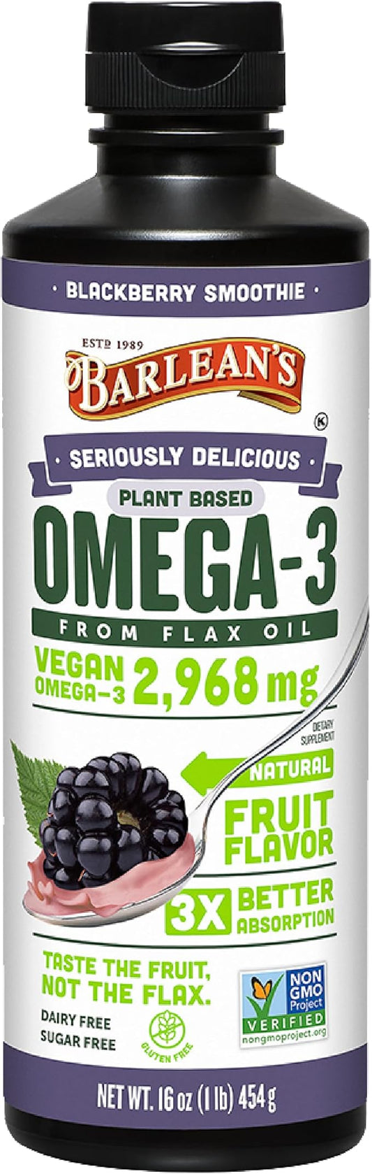 Barlean's BlackBerry Flaxseed Oil Liquid, Vegan Omega 3 6 9 Supplements for Kids and Adults with 2,968 mg of Vegan Omegas, Non-GMO and Gluten Free, 16 oz