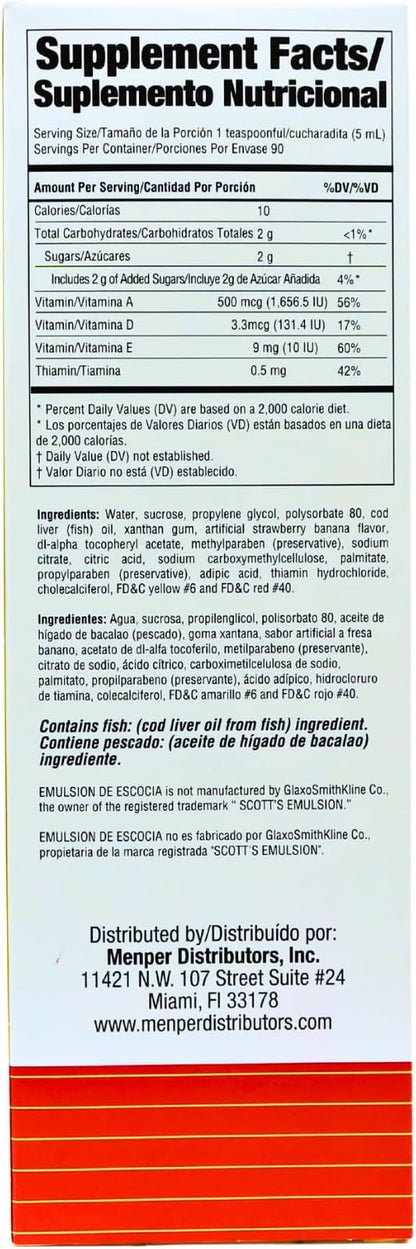Cod Liver Oil, Dietary Supplement, Vitamins A, B1, D and E, Immune System Support, Strawberry/Banana Flavor (15.3 Fl Oz/Pack of 1)