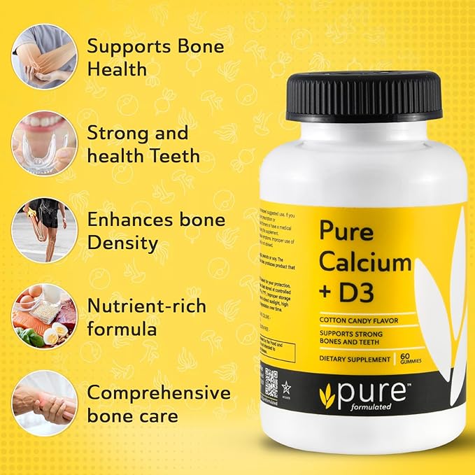 Vegan Calcium with Vitamin D3 Gummies – Supports Strong Bones & Teeth, 1000 IU, Kosher, Gluten & Dairy-Free Calcium Gummy (60 Gummies)