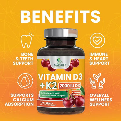 Vitamin D3 K2 2000 IU Plus with K2 (MK-7) 75 mcg - Vitamins D & K Complex Supplement for Bone, Teeth, Muscle, Calcium Absorption, Supports Immune & Heart Health, Non-GMO Chewable Formula - 120 Tablets