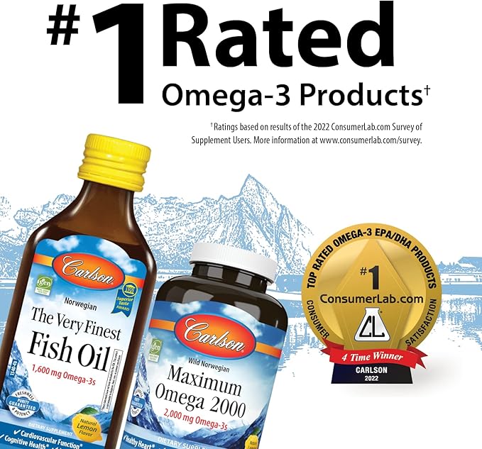 Carlson - The Very Finest Fish Oil, 1600 mg Omega-3s, Liquid Fish Oil Supplement, Norwegian Fish Oil, Wild-Caught, Sustainably Sourced Fish Oil Liquid, Mixed Berry, 200 mL (6.7 Fl Oz)