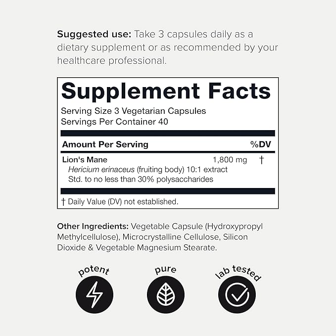 Lion’s Mane - Ultra High Potency 10:1 Extract with 30% Polysaccharides - Highly Concentrated & Bioactive - Third-Party Lab Tested - 120 Capsules