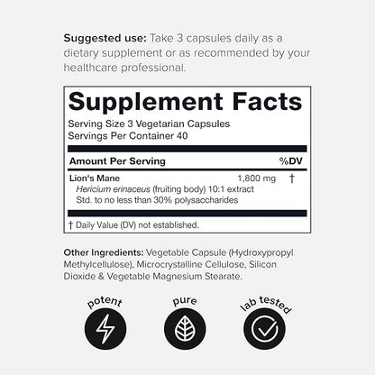 Lion’s Mane - Ultra High Potency 10:1 Extract with 30% Polysaccharides - Highly Concentrated & Bioactive - Third-Party Lab Tested - 120 Capsules