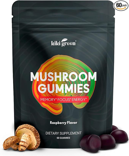 KIKI Green Mushroom Gummies with Lion's Mane and 9 Adaptogen Superfoods Blend - Chaga, Red Reishi, Cordyceps, Shiitake, Black Fungus | 60 Count, 10:1 Extract