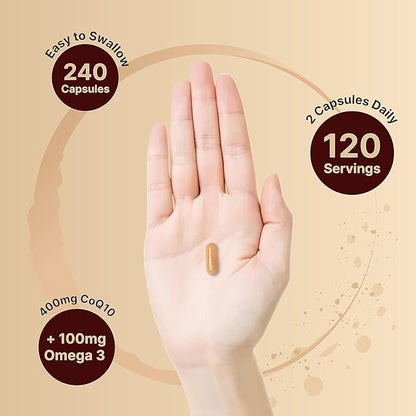 NatureBell CoQ10 400mg with Omega 3 Fatty Acids, 240 Capsules | Stable High Absorption Form – Antioxidant Support for Heart & Energy Health – Extra Strength Coenzyme Q10 Supplement