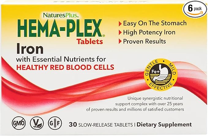 Natures Plus Hema-Plex Iron - 30 Slow-Release Tablets, Pack of 6 - Total Blood Health - 85 mg Chelated Iron - with Vitamin C & Bioflavonoids - Non GMO, Vegetarian & Gluten Free - 180 Total Servings