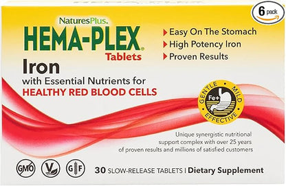 Natures Plus Hema-Plex Iron - 30 Slow-Release Tablets, Pack of 6 - Total Blood Health - 85 mg Chelated Iron - with Vitamin C & Bioflavonoids - Non GMO, Vegetarian & Gluten Free - 180 Total Servings