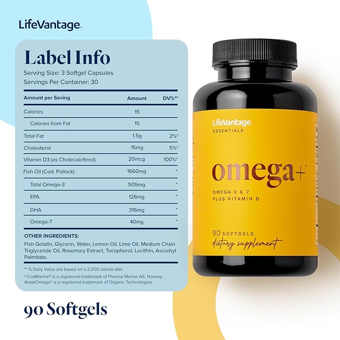 LifeVantage - Omega+ - Supplement 3-in-1 Blend of Omega-7, Vitamin D and Omega-3 - for Brain, Cardiovascular, Skin Health and Immunity - 90 Softgels