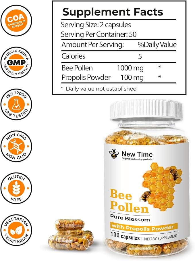 Bee Pollen – 100 Vegetarian Capsules with Propolis - Organic Multivitamin for Men, Women - Fermented Granules - Immune, Energy Support - Non GMO, Pregnancy Friendly