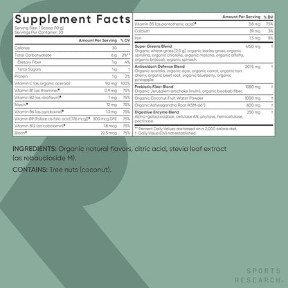 Sports Research® Organic Greens Superfood Powder w/Spirulina & Chlorella, Adaptogens, Enzymes, Probiotics & 8 VIT Bs for Gut & Mood Support* - Vegan, Sugar-Free & Low-Cal Original 30 Servings