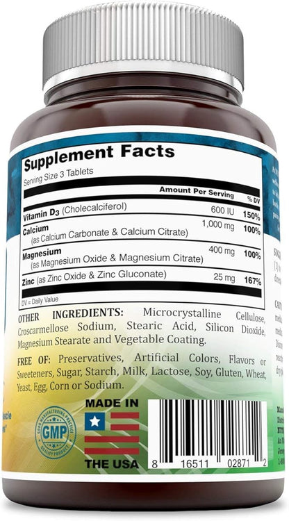 Calcium Magnesium Zinc + Vitamin D3 Tablets- Promotes Strong Bones & Teeth, Support Nerve & Muscle Function* (300 Count)