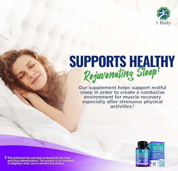 1 Body Magnesium Bisglycinate Supplement, 44 mg Pure Chelated Formula, 120 Capsules, Maximum Absorption, Muscle Cramp Relief