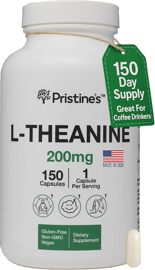 PRISTINE'S L Theanine Sleep Quality Support Amino Acid Supplement - 200MG 150 Day Supply - Relaxation & Mood Support Capsules - Vegan Non-GMO & Gluten Free