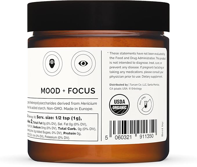 Erbology Organic Lion's Mane Mushroom Powder 50 Servings - 32% Beta-glucans - Calm and Focus - Hericium Erinaceus - Small Batch - Sustainably Grown in Europe - Vegan - Non-GMO - No Added Fillers