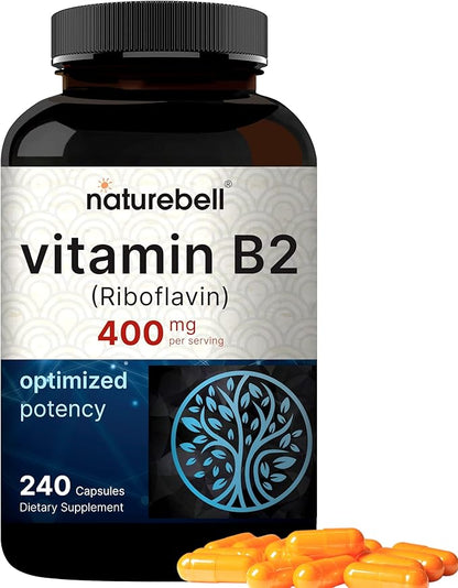 NatureBell Vitamin B2 Riboflavin 400mg Per Serving, 240 Capsules | Essential Daily B Vitamin, Easily Absorbed Form – Supports Energy, Skin, and Cellular Health – Non-GMO, Gluten Free