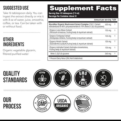 MycoMax Mushroom Complex - 70% Beta Glucans, Max Potency Mushroom Supplement, US Grown + Ultrasonic Extraction - Lions Mane, Cordyceps, Reishi & More - Promotes Cognition, Immunity, Energy - 8 oz.