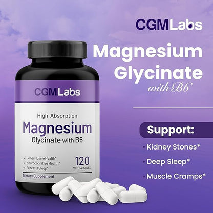 Magnesium Glycinate & Vitamin B6 Supplement High Absorption, Non-GMO, Supports Energy, Calm, Relaxation, and Muscle Health – 3rd Party Lab Tested, Gluten-Free by CGM Labs
