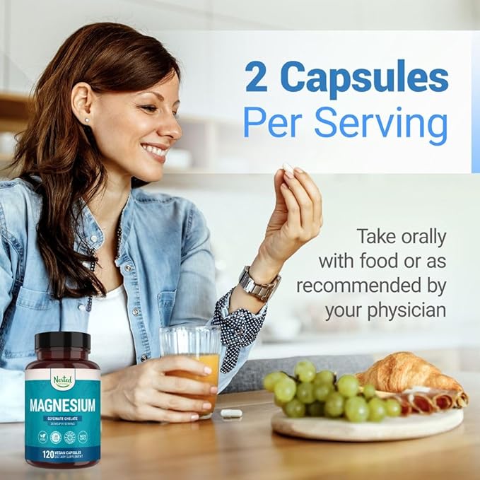 Nested Naturals Magnesium Glycinate Chelate - 200mg Chelated Magnesium Supplement for Muscle Cramps, Relaxation, & Sleep Support - 100% Albion TRACCS Buffered Magnesium Glycinate - 120 Vegan Capsules