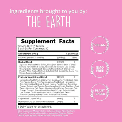 Vegan Collagen Builder w/ Hyaluronic Acid – Hair Skin and Nails Vitamins for Youthful Glow | Keratin & Elastin Booster | Bones, Cartilage, Tendons | Vitamin A, L-Lysine | Vegetarian | Non-GMO, 60 Ct