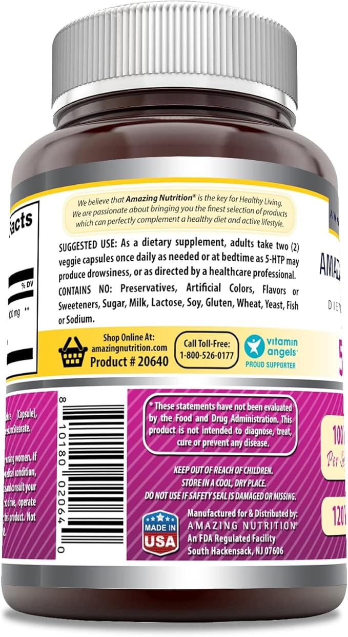 Amazing Formulas 5-HTP (Hydroxytryptophan) Supplement | 100 Mg Per Serving | Veggie Capsules | Non-GMO | Gluten Free | Made in USA (2 Pack, 120 Count)