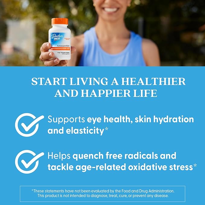 Doctor's Best Astaxanthin, Powerful Antioxidant, Skin, Eye Health, Non-GMO, Gluten Free, Vegan, Soy Free, 6 mg, 90VSG