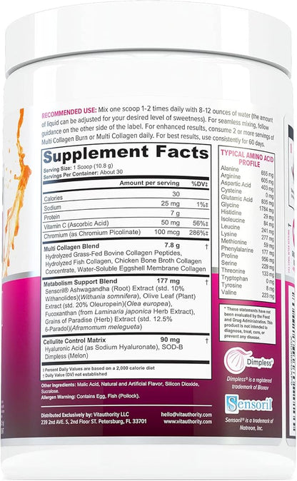 Hydrolyzed Collagen Peptides Powder for Women - Slimming MultiCollagen Burn Ultimate Beauty Complex with Hyaluronic Acid Vitamin C & Types I II III V and X for Women Tropical Punch 30 Servings